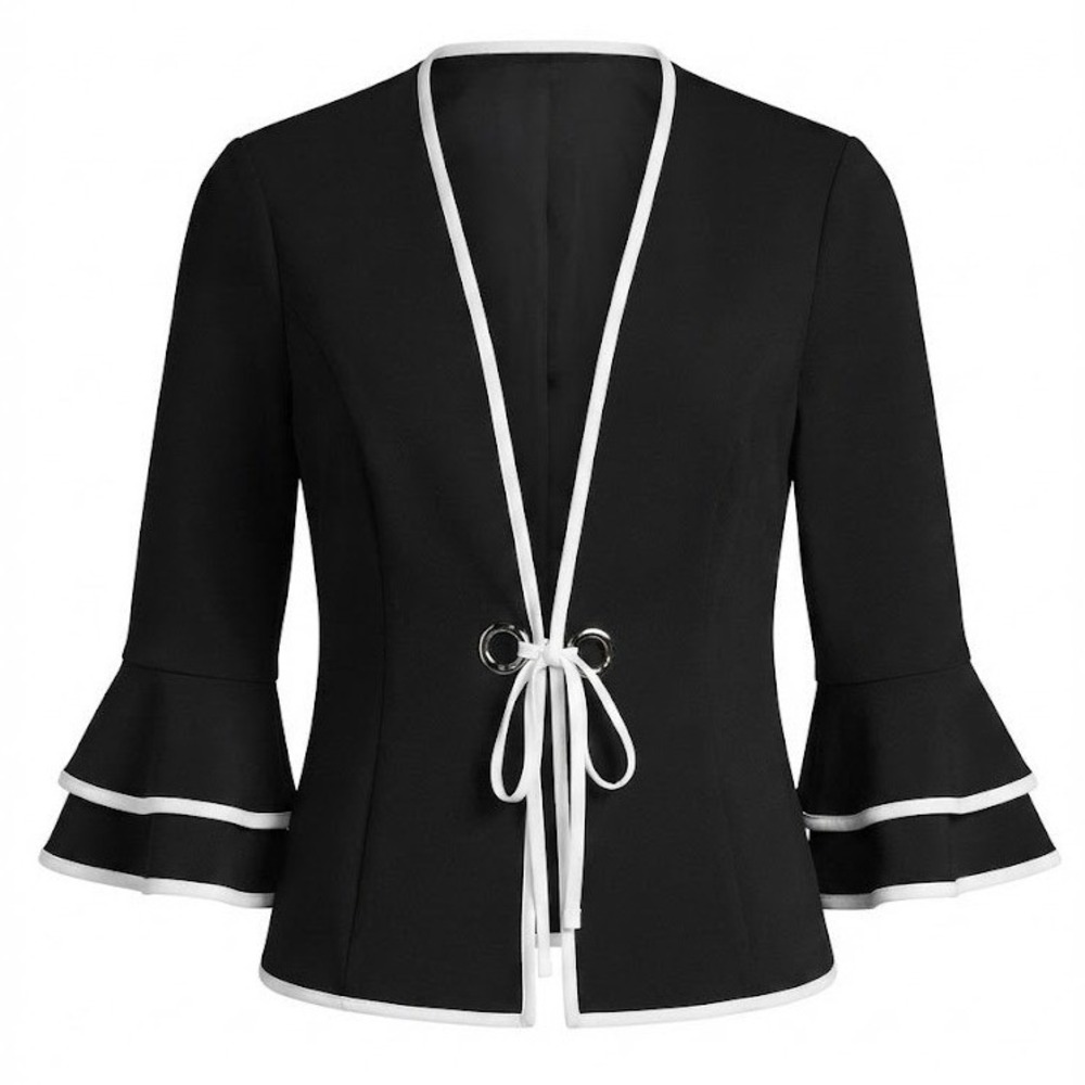 Joseph Ribkoff Black Ruffle Bell Sleeve Tie Front Blazer Jacket Size 8 - CJ